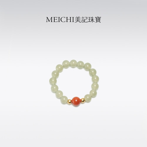 美记珠宝天然新疆原生黄口和田玉南红拼珠戒指带礼盒送礼高级百搭