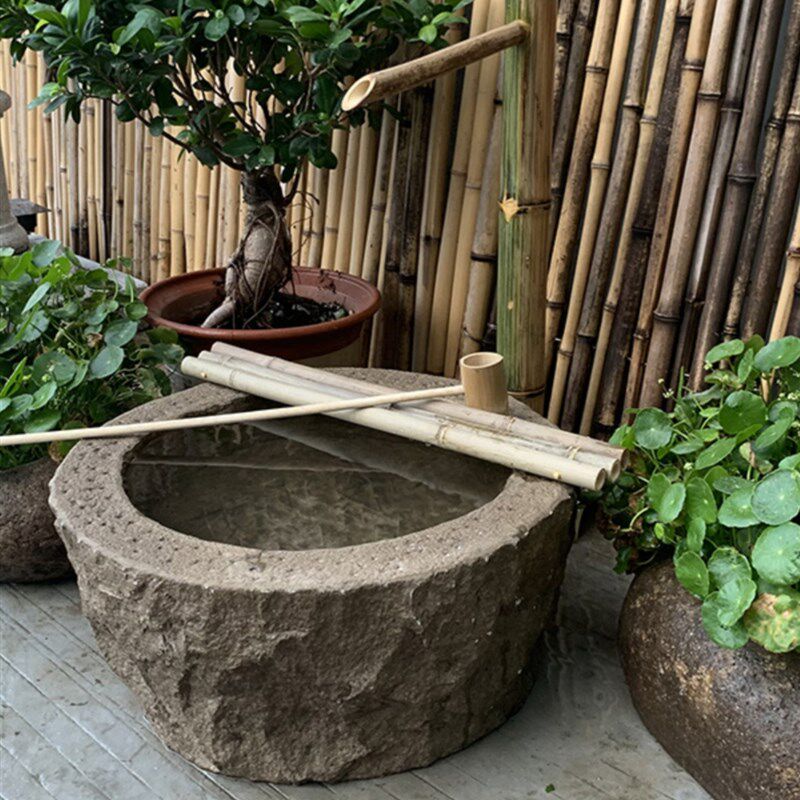 日式庭院流水景观石钵竹子摆件鹅卵石盆水槽水钵小景石槽室外装饰