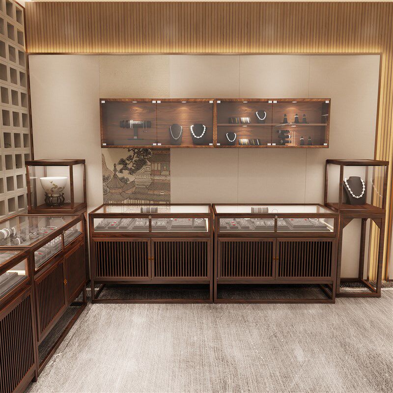 新中式实木珠宝展示柜玻璃展柜玉器首饰精品货架陈列柜中岛台壁柜
