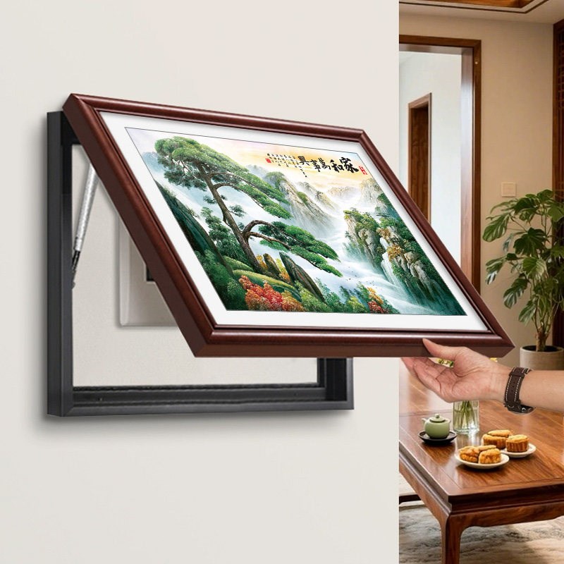 新中式山水画电表箱装饰高级感客厅电闸遮挡盒壁画饭厅配电箱挂画图片