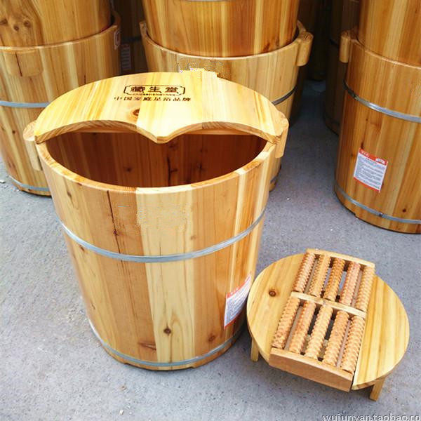 藏生堂包邮带盖带凳子加厚高40CM香杉木泡脚木桶足浴洗脚桶木质盆