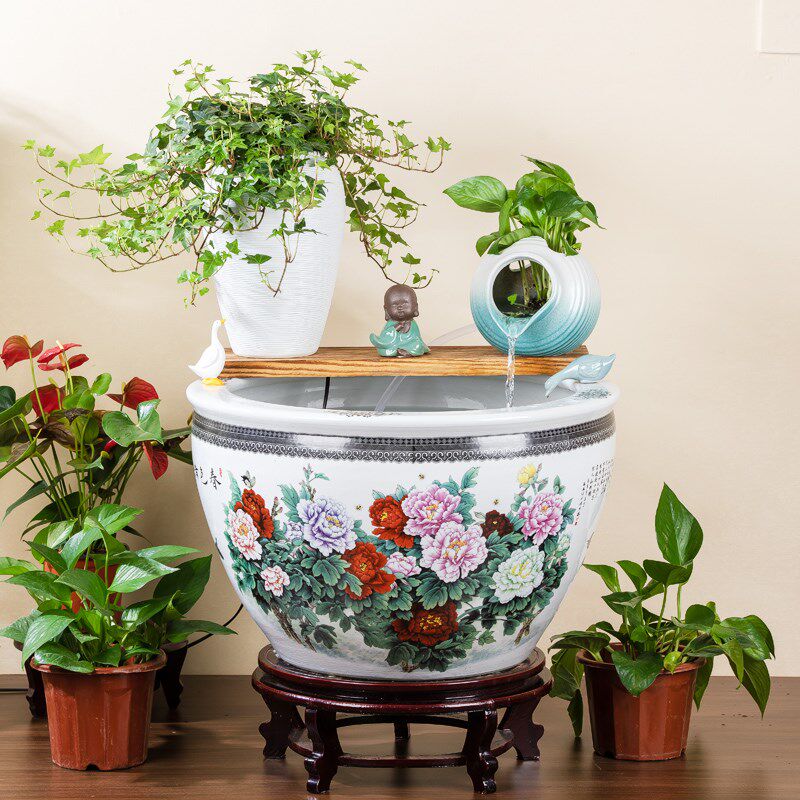 景德镇陶瓷鱼缸大号养金鱼缸睡莲荷花缸庭院陶罐循环流水造景水缸