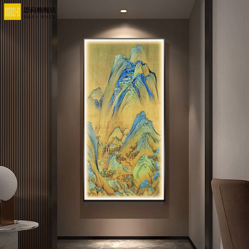 入户门玄关挂画千里江山图山水画古风国画竖版新中式客厅装饰壁画