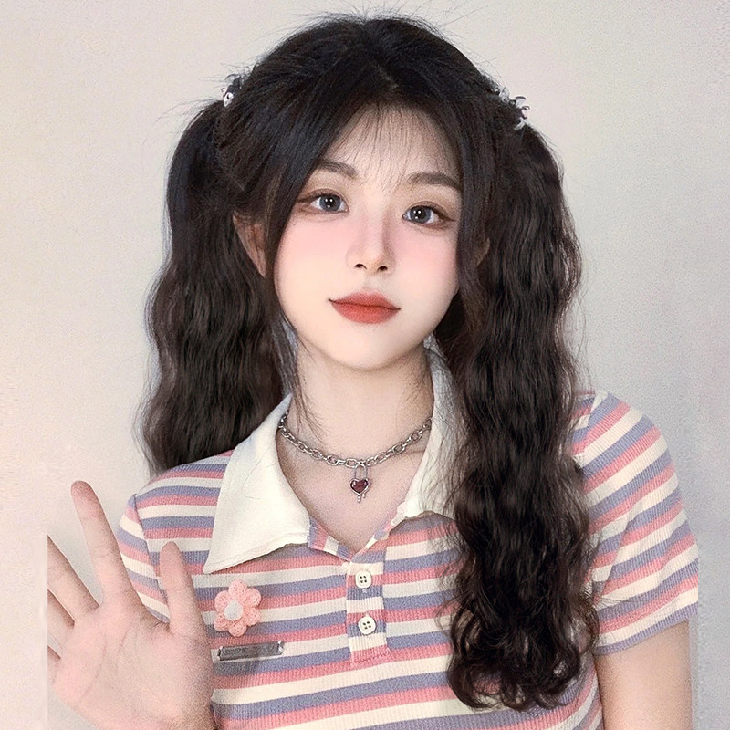 超轻jk双马尾假发女水波纹绑带式可爱自然逼真蓬松中长卷发抓夹式