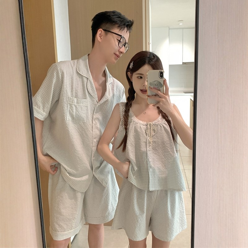 甜美格子情侣棉麻睡衣女款夏季一男一女背心短裤可外穿家居服套装