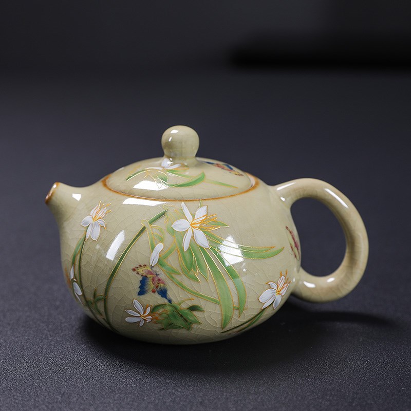米黄汝窑大号梅兰竹菊西施壶功夫茶具茶壶泡茶家用陶瓷凤鸣壶单壶