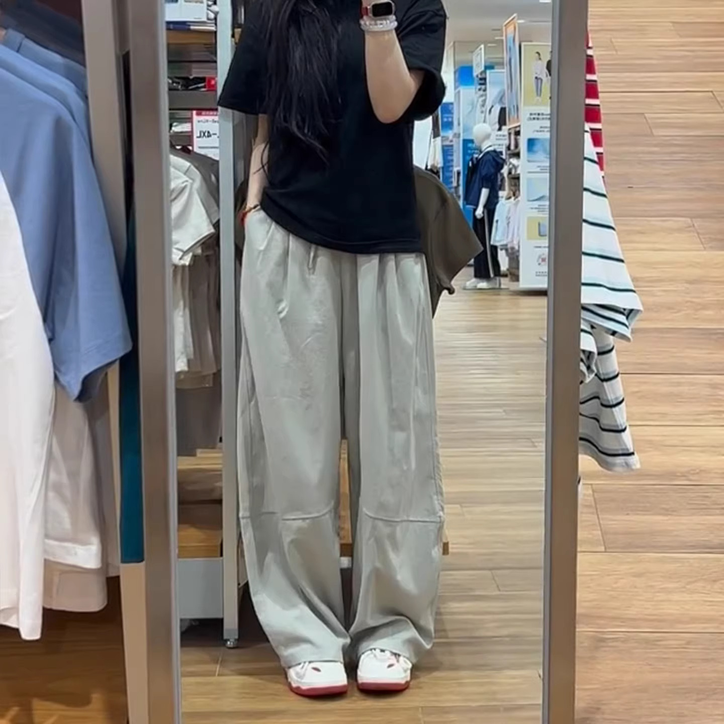 美式拼接阔腿工装裤女夏季薄款大码胖mm高腰宽松显瘦休闲运动裤子