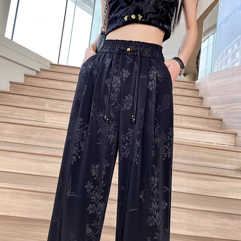 新中式提花阔腿裤女夏季薄款中国风复古百搭宽松显瘦休闲冰丝裤子