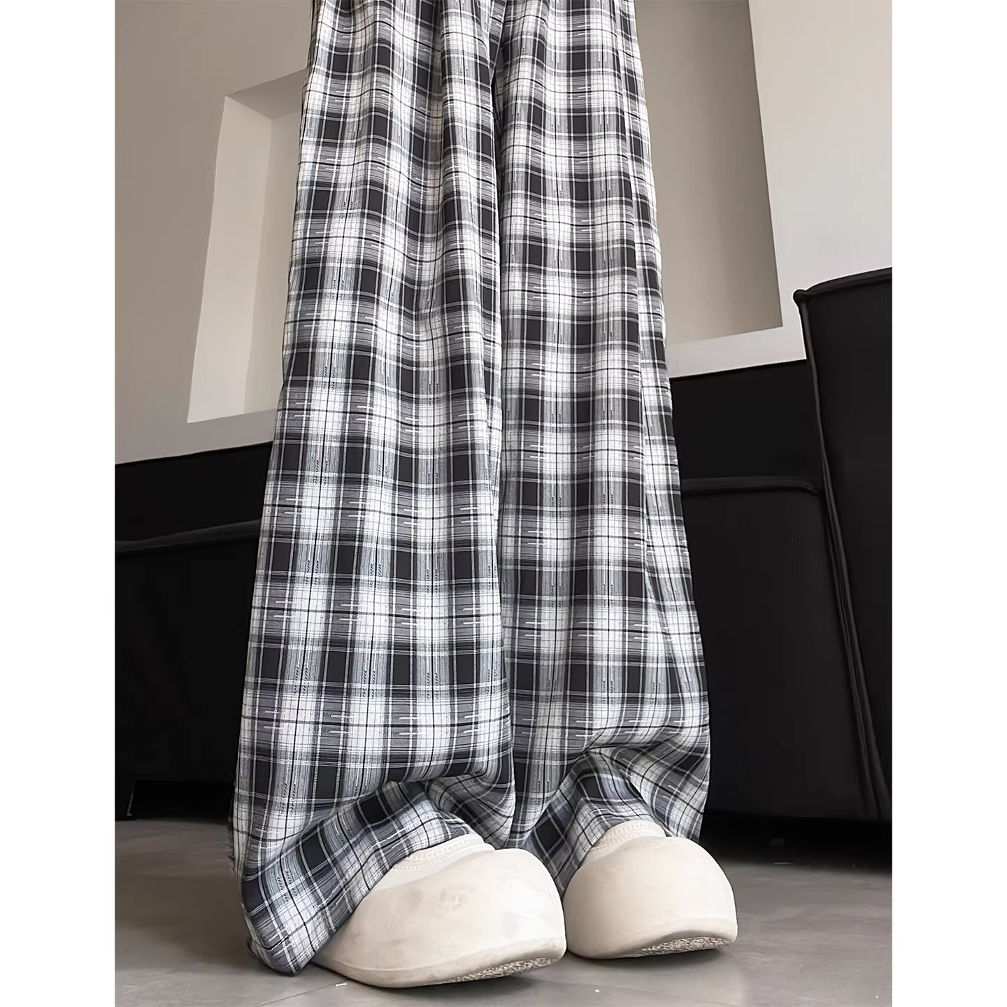 黑色山本格子阔腿裤女夏季薄款2026新款高腰宽松显瘦直筒休闲裤子