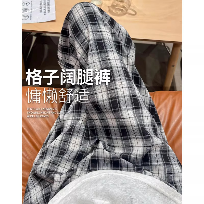 黑色山本格子阔腿裤女夏薄款高腰宽松显瘦复古休闲直筒慵懒风裤子