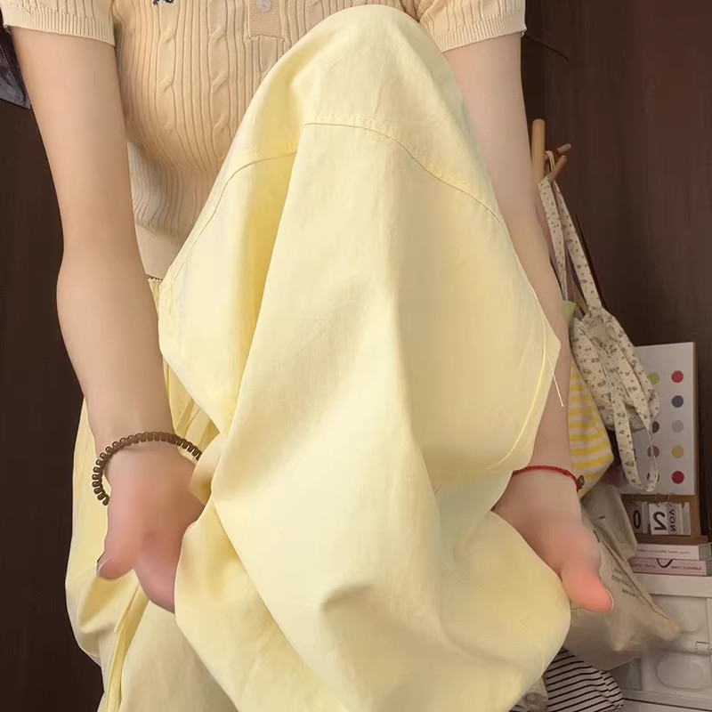 黄色工装阔腿裤女夏季薄款大码高腰宽松显瘦速干运动裤直筒休闲裤