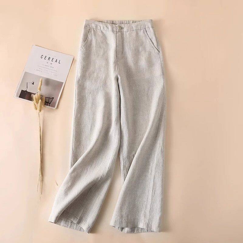 国风亚麻阔腿女裤夏季薄款高腰宽松显瘦小个子外穿直筒休闲九分裤