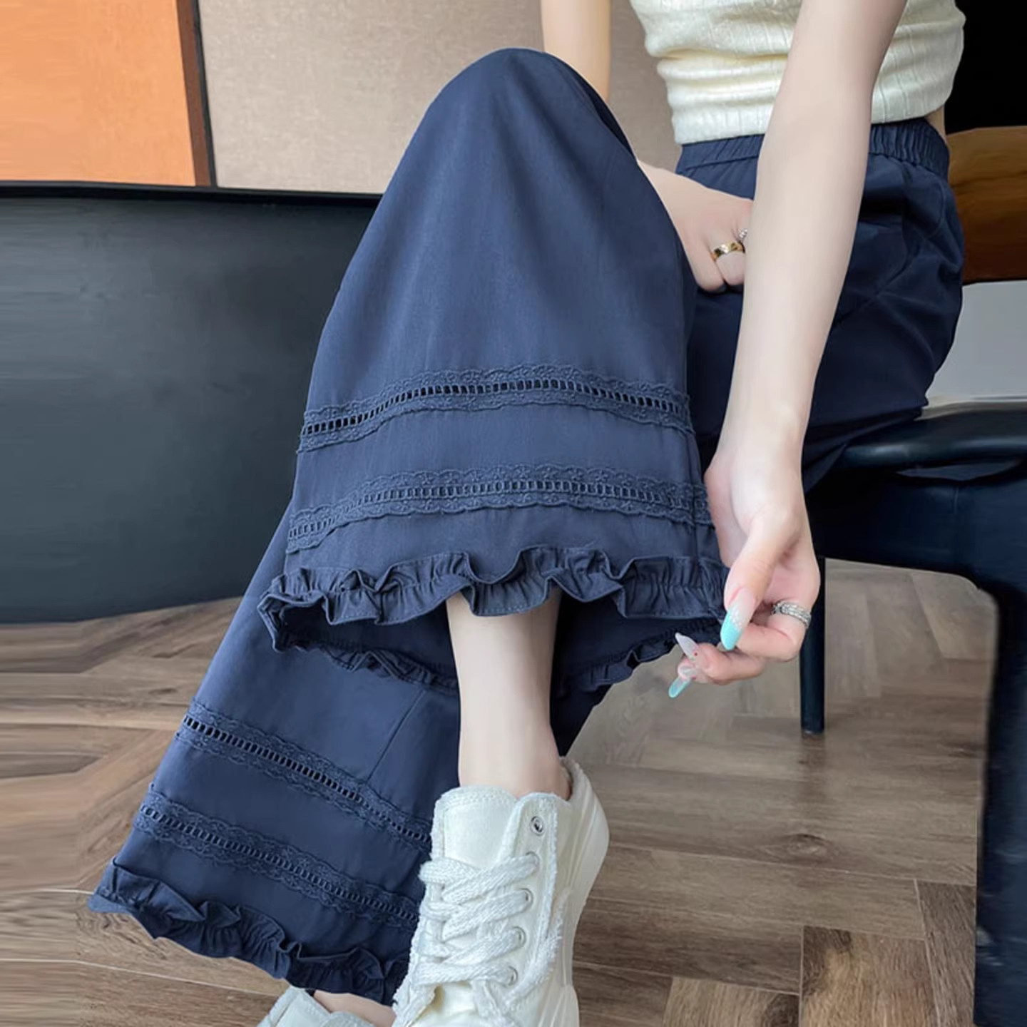 韩系蕾丝花边阔腿九分裤女夏季薄款高腰宽松显瘦小个子休闲直筒裤