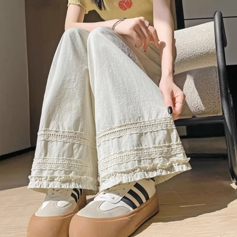 蕾丝勾花阔腿裤女夏季薄款高腰显瘦宽松百搭慵懒风九分直筒休裤子