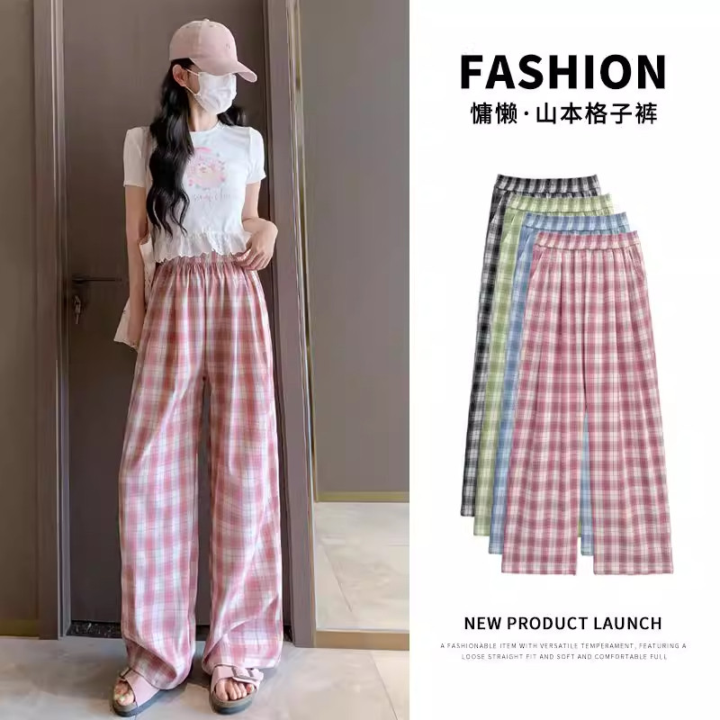韩系格子阔腿裤女夏季薄款2026新款高腰宽松显瘦复古直筒休闲裤子