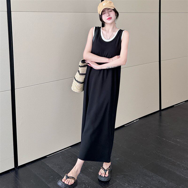 胖mm假两件背心裙女夏季新款大码无袖宽松显瘦高级感气质连衣裙子