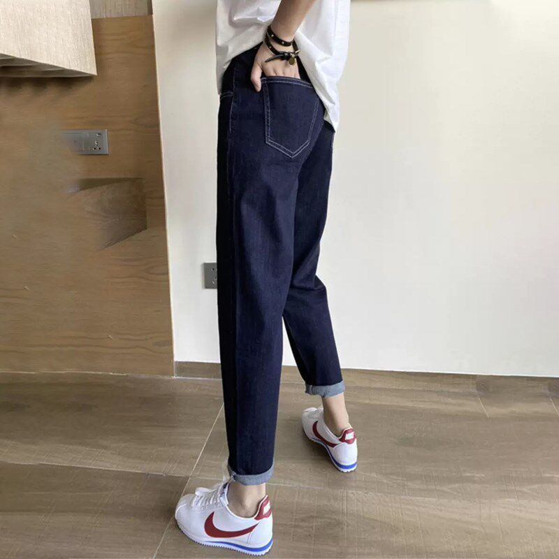 大码高腰弹力牛仔裤女秋季新款2021胖妹妹mm显瘦显高哈伦九分裤子
