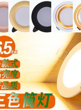 led筒灯天花灯嵌入式家用5瓦简灯三色变光开孔8公分3寸7W吊顶铜灯