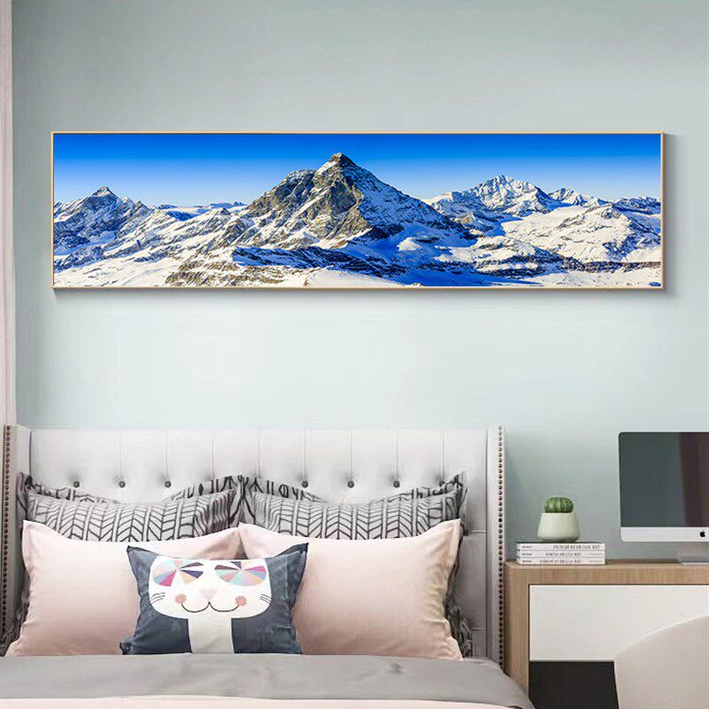 雪山客厅沙发背景墙装饰画长旗床头挂画雪山超大山水画高清画
