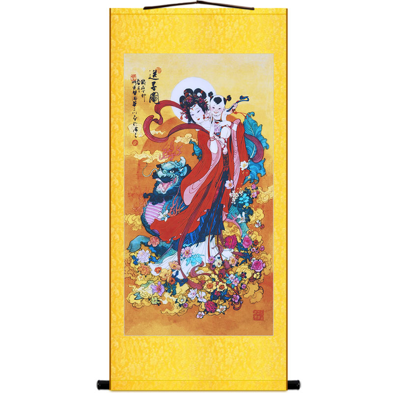 麒麟仙女童子人物画像 客厅卧室装饰画 绢布卷轴挂画来图定制订做