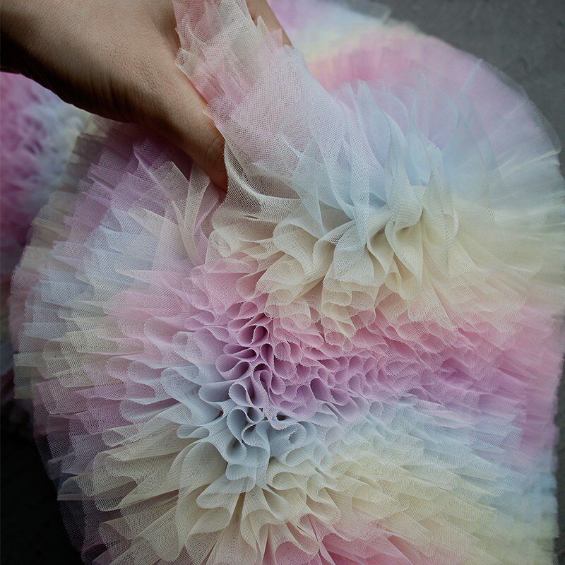 波浪渐变彩虹网纱服装裙子布料 立体花朵装饰辅料diy手工高档面料