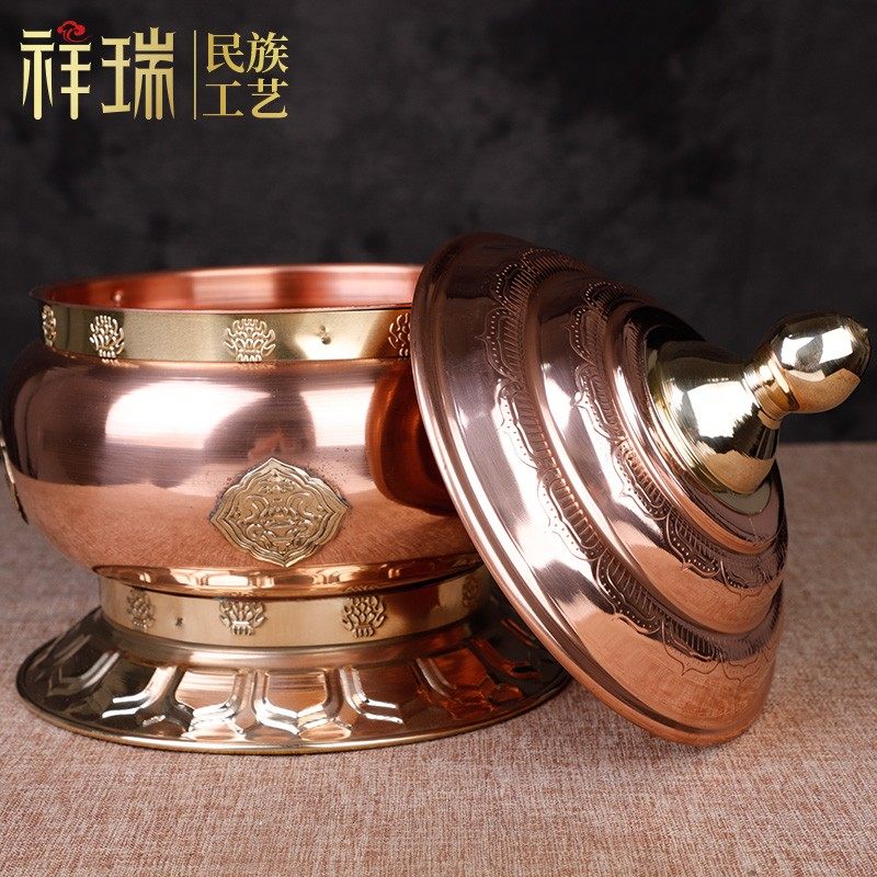 铜贴花糌粑盒糌粑桶/藏式摆饰家居饰品罐紫铜婚庆器客厅茶几