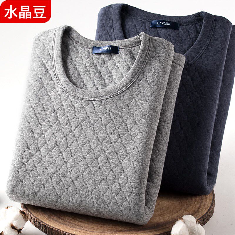 中老年秋衣老人男纯棉保暖内衣上衣三层加厚长袖打底全棉毛衫套装