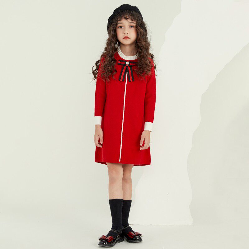 女童毛衣裙2021新款冬季洋气长袖红色连衣裙复古针织长款公主裙子