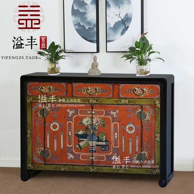 明清仿古典实木彩绘彩漆摆设柜中式做旧复古储物装饰玄关柜餐边柜