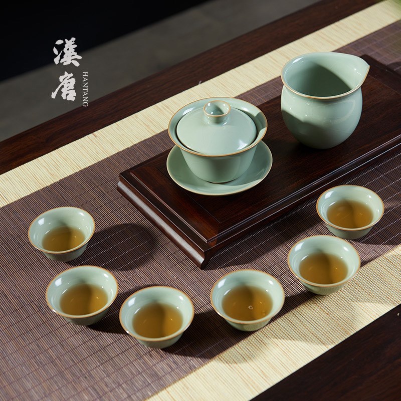汉唐汝窑茶具套装 景德镇家用可养开片手工陶瓷功夫整套汝瓷茶具