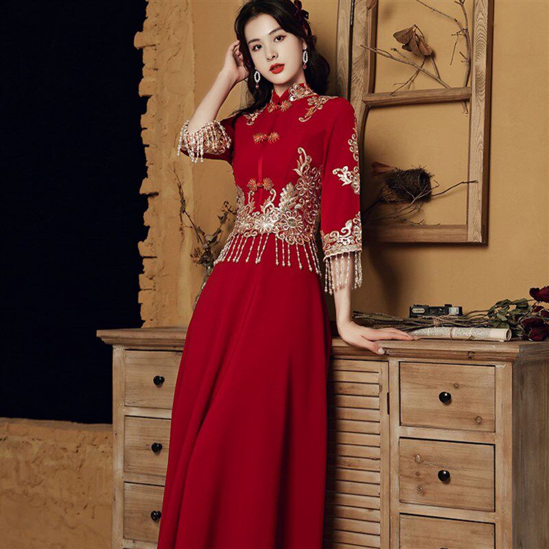 2024年新款胖mm大码旗袍敬酒服新娘结婚订婚礼服裙中式长款秀禾服