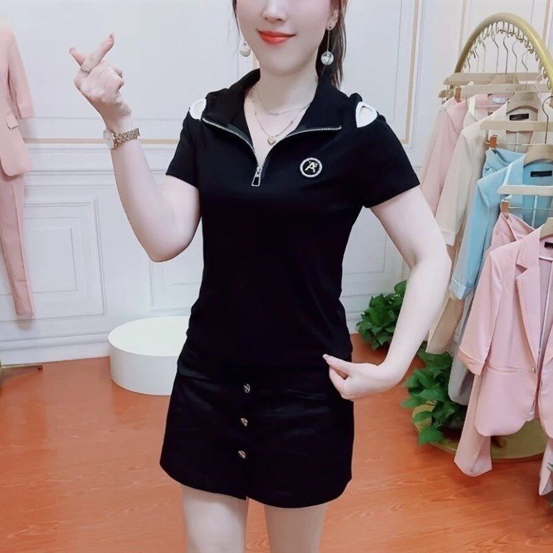 小个子短袖T恤女露肩上衣2024夏装新款修身显瘦小衫百搭POLO上衣