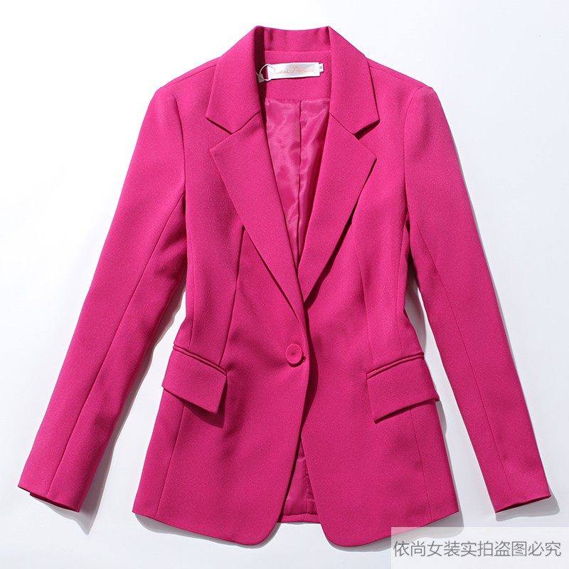 小西服女2021秋冬款时尚修身套装女气质玫红色西装套装裤子两件套