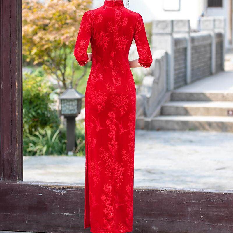 外嫁女回娘家统一旗袍改良式中国红长款高端舞台走秀表演出服迎宾