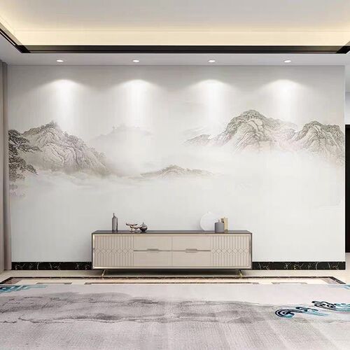 岩板电视背景墙简约山水微晶石瓷砖石材客厅会议室沙发影视墙定制