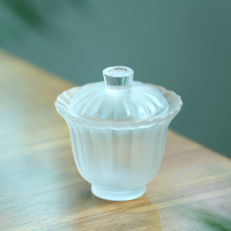 叶屿 心缘堂琉璃盖碗创意磨砂花口主泡器二才泡茶碗陶瓷家用茶具