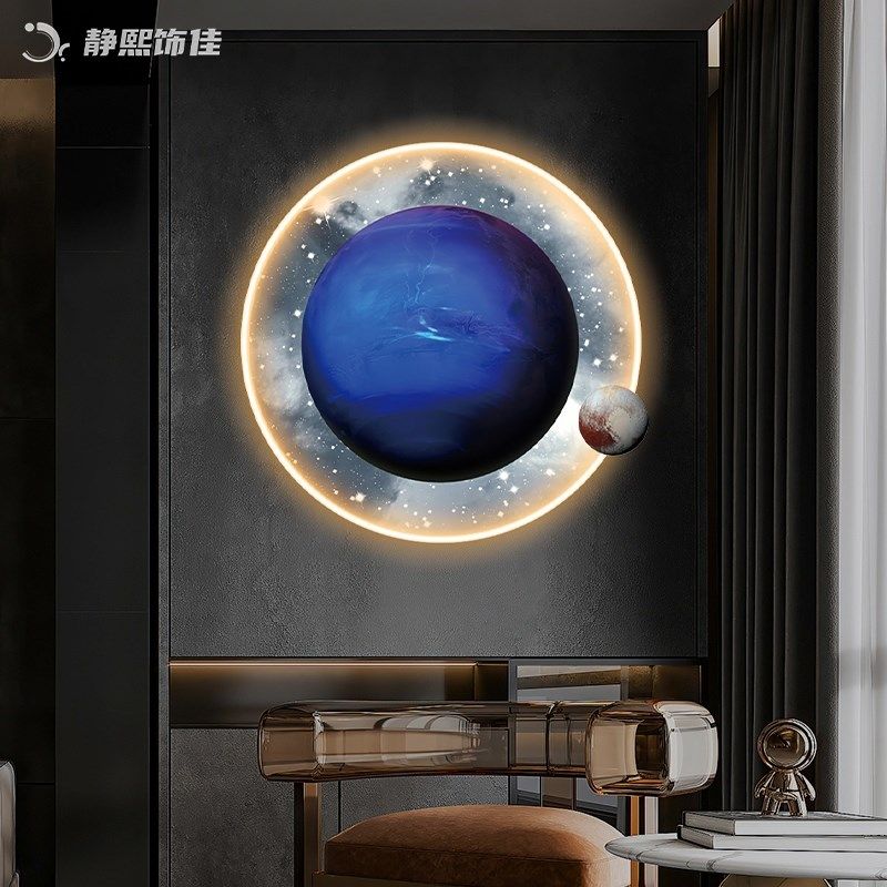 轻奢月球发光玄关圆形装饰画氛围星球床头带led灯入户画卧室网红