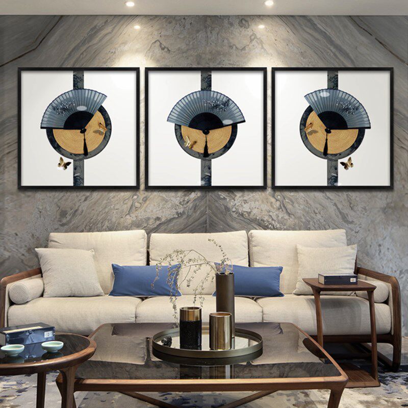 新中式玄关客厅沙发背景墙装饰画酒店别墅走廊过道扇子立体挂画