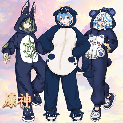 原神周边动漫卡通连体睡衣毛绒芙宁娜纳西妲流浪者套装情侣秋冬季
