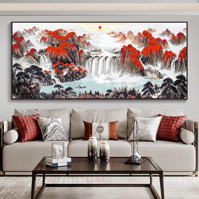 横版鸿运当头DIY数字油画新中式客厅办公室背景墙靠山水画装饰画