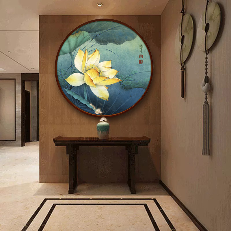 荷花装饰画圆形挂画新中式客厅玄关图墙面背景墙茶室禅意莲花壁画