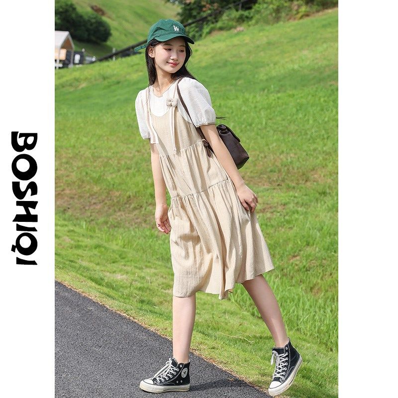 高中生连衣裙少女孩新款2024初中生夏季学生中长裙子大童藏青时尚