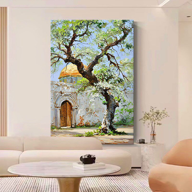 乡村田园风景纯手绘油画抽象垂柳树小屋客厅装饰画肌理感玄关挂画