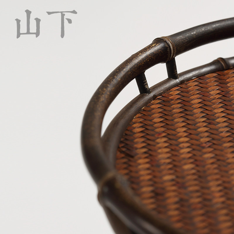 手工紫竹竹编席面托盘茶盘圆形茶具收纳干泡台奉茶盘茶席茶道零配