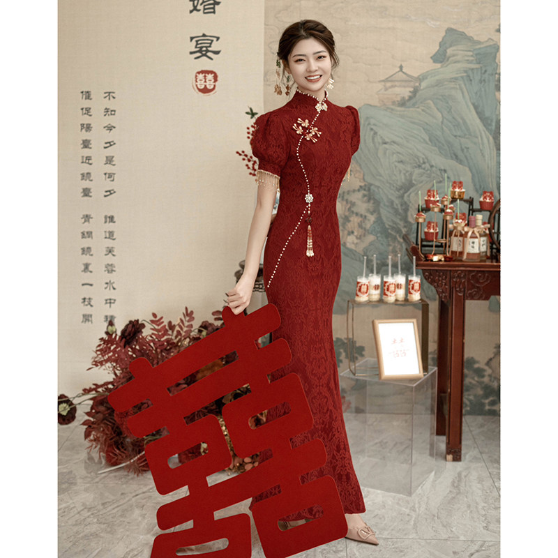 红色旗袍敬酒服新娘中式订婚连衣裙出阁宴礼服女日常2023新款夏季