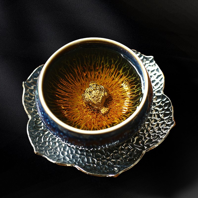 镶银建盏茶杯主人杯窑变金丝天目釉茶盏十二生肖银杯喝茶杯子高档