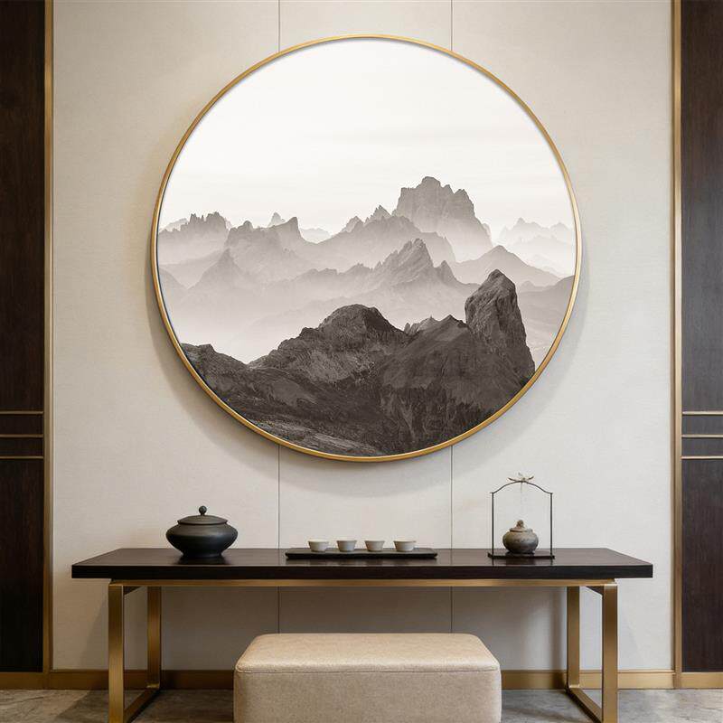 茶室装饰画圆形山水画新中式挂画玄关客厅背景墙壁画办公室靠山图