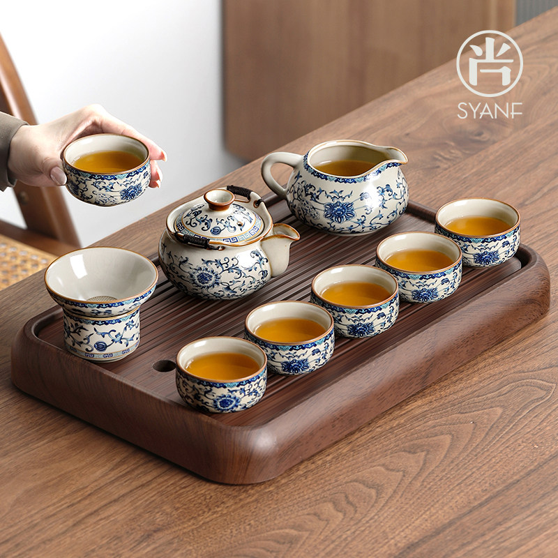 汝窑茶具套组家用轻奢高档2026新款盖碗手抓壶青花功夫喝茶泡茶具