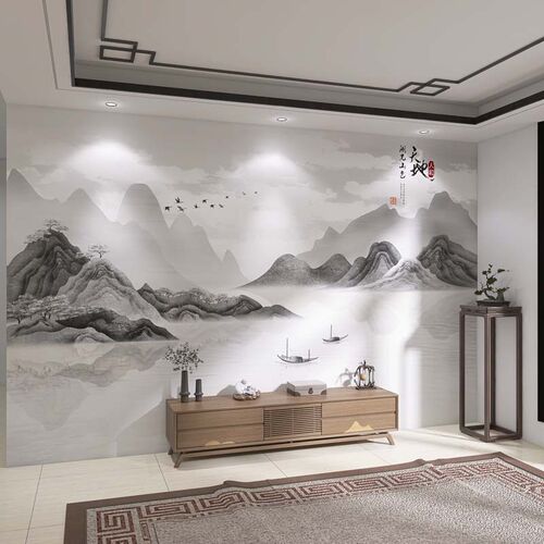 3d立体墙纸中式山水风景画电视背景墙壁纸客厅墙布壁画影视墙壁布