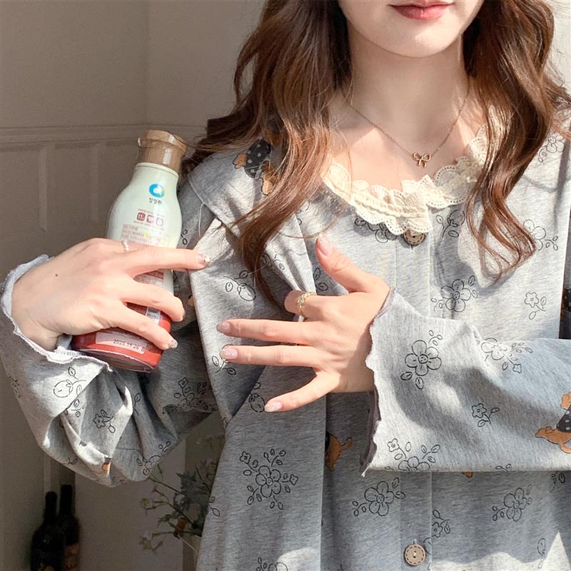 产妇待产裙两件套带胸垫秋季大码月子服孕妇睡衣医院内检哺乳睡裙